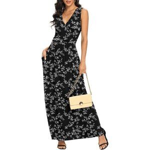 Women Black Leaves Deep V Neck Sleeveless Loose Plain Long Maxi Stretchy Dress